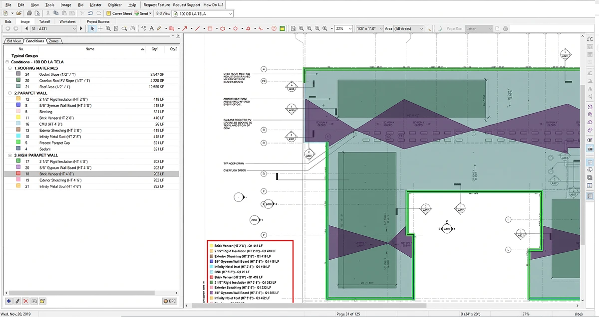Roof and side plan annotated with construction takeoff measurements