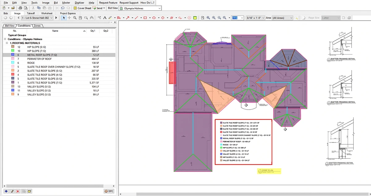 Roof plan with colored quantity takeoff markups