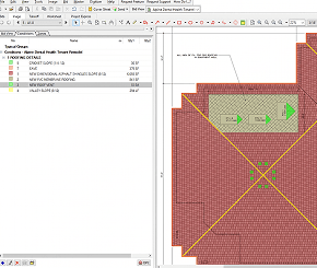 Marked-up roof plan with measured roof areas and takeoff quantities